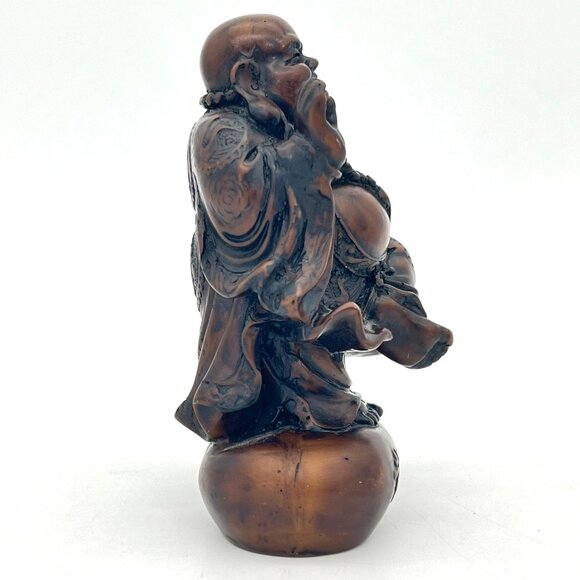 Laughing Buddha Figurine 6" Carved Solid Wood Dark Stain Chinese Script 1.5 lbs - Picture 7 of 14
